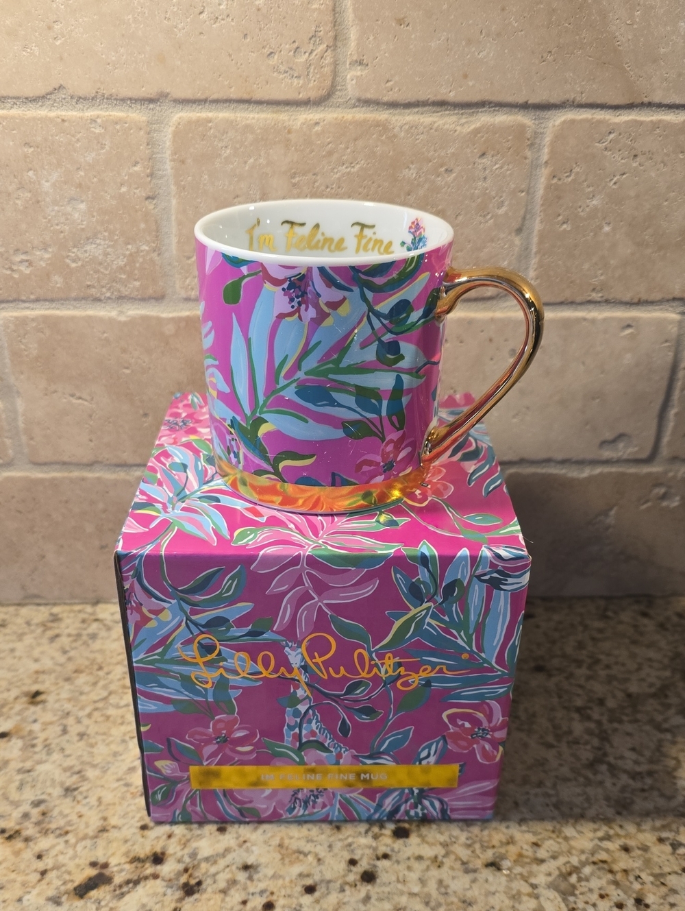 Lilly Pulitzer Pink and Blue Floral Mug with Gold Handle